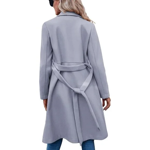 Womens Grey Pea Notched Lapel Double Breasted Business Casual Trench Coats - Picture 5 of 5